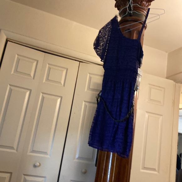Lace dress purple sexy crazy cool off shoulder dress has a belt - Picture 1 of 8